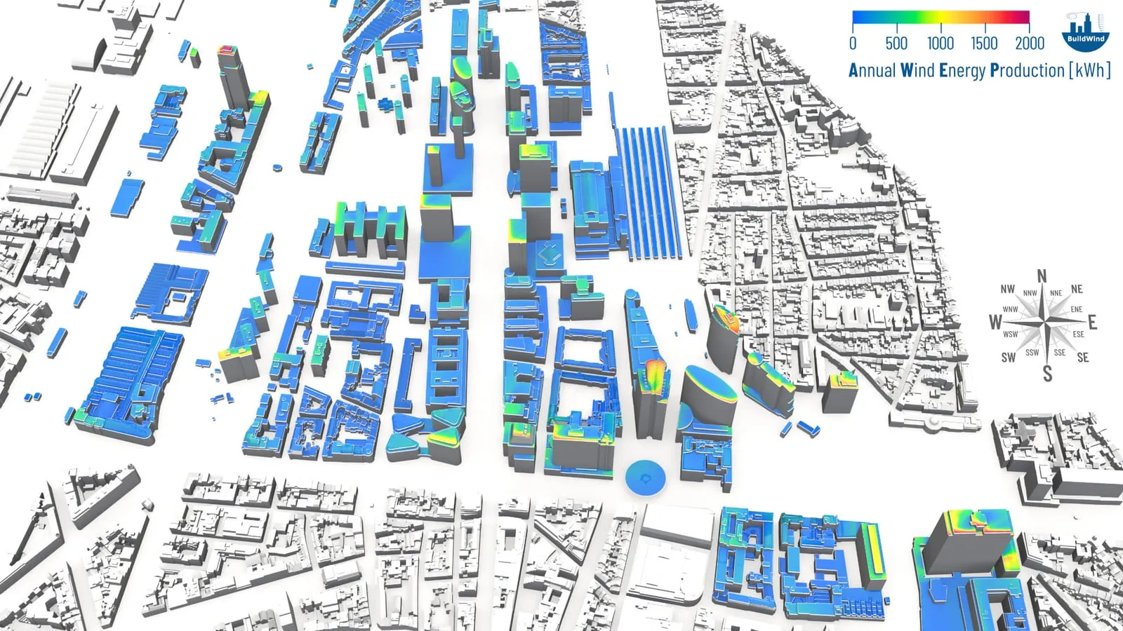 Annual Wind Energy Production on rooftops in the Northern Quarter, Brussels