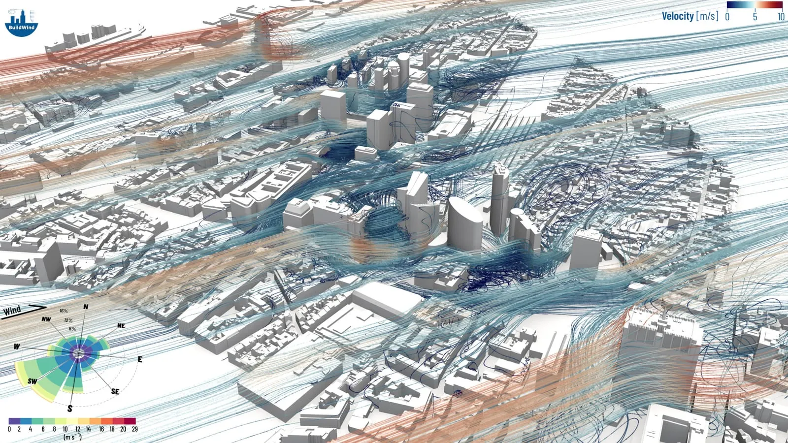 CFD simulation of wind blowing from the main wind direction to the Northern Quarter in Brussels